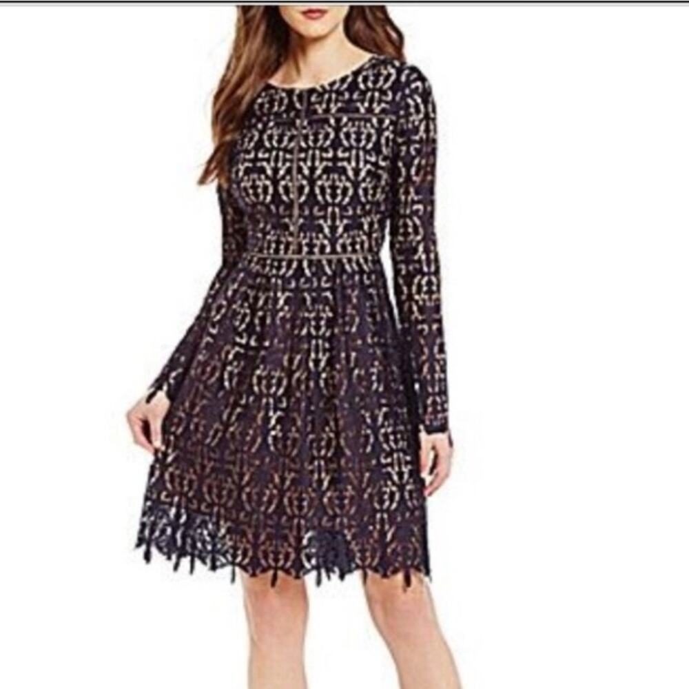 Cremieux Navy Lace Long Sleeve Fit Flare Dress Size 4 Formal Wedding Blue Nude